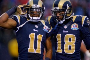 Brandon Gibson #11 of the St. Louis Rams salutes with his teammate  Austin Pettis #18 