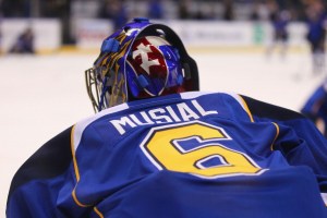 St. Louis Blues players wore a special jersey to honor Stan Musial during warm-ups 