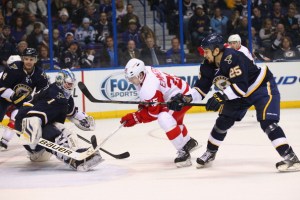 Cory Emmerton #25 of the Detroit Red Wings scores a goal